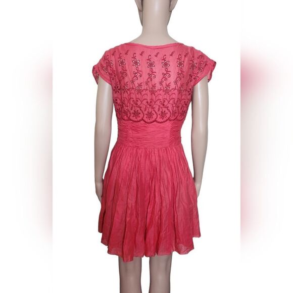 Free people women's red embroidered bodice ruched waist mini fit & flare dress 6 - Picture 5 of 10
